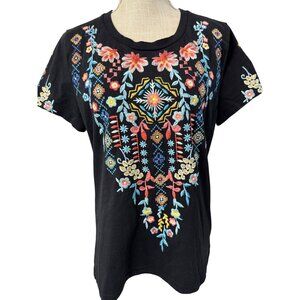 Driftwood Black Embroidered Boho Floral Vintage Inspired T Shirt Xl
